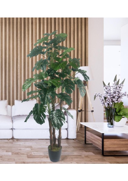 Yapay Çiçek Monstera Yeşil Deve Tabanı 3katlı 135CM 54YAPRAK Siyah Plastik Saksıda Yapay Bitki