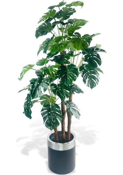 Yapay Çiçek Monstera Yeşil Deve Tabanı 3katlı 135CM 54YAPRAK Gümüş Kemerli Siyah Saksıda Yapay Bitki