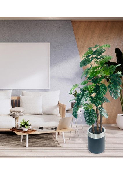 Yapay Çiçek Monstera Yeşil Deve Tabanı 3katlı 135CM 54YAPRAK Gümüş Kemerli Siyah Saksıda Yapay Bitki