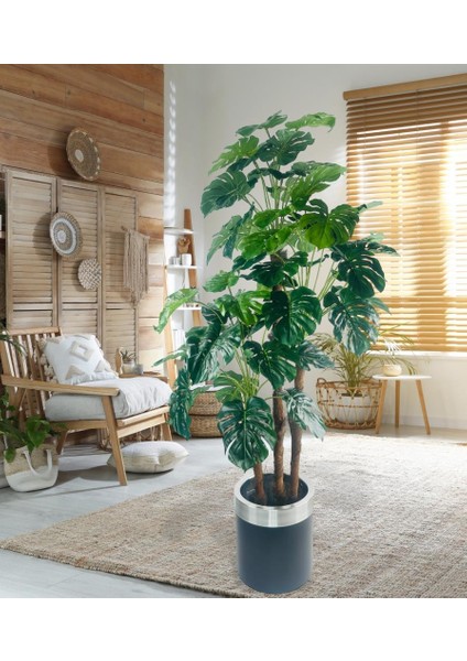 Yapay Çiçek Monstera Yeşil Deve Tabanı 3katlı 135CM 54YAPRAK Gümüş Kemerli Siyah Saksıda Yapay Bitki