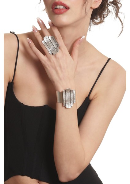 Kadın Antik Gümüş Kaplama Açık Bant Kabartma Dokulu Bohem Bileklik &yüzük Set