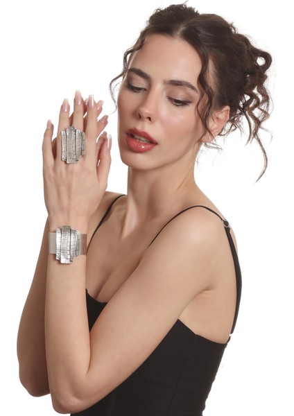 Kadın Antik Gümüş Kaplama Açık Bant Kabartma Dokulu Bohem Bileklik &yüzük Set fiyatları