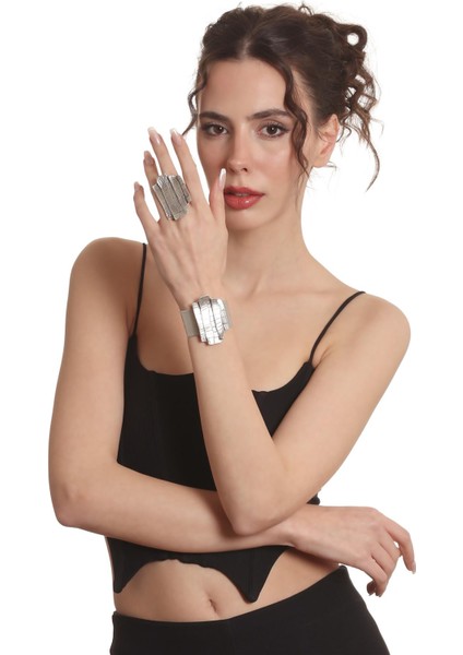 Kadın Antik Gümüş Kaplama Açık Bant Kabartma Dokulu Bohem Bileklik &yüzük Set fırsatları