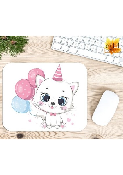 Sevimli Balon Tutan Kedi Baskılı Özel Tasarım Dikdörtgen Kaydırmaz Mousepad