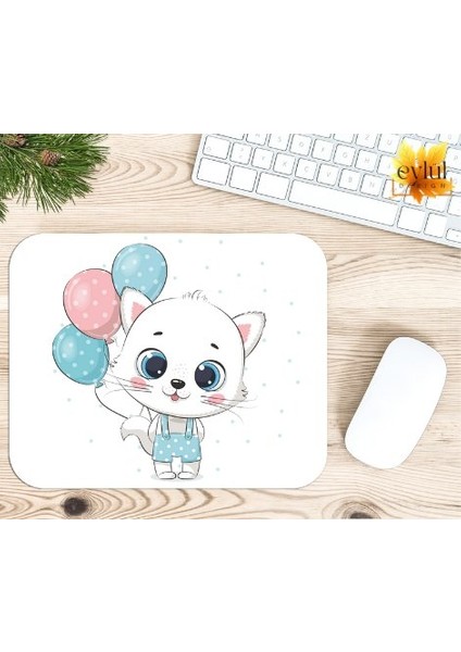 Sevimli Balon Tutan Kedi Baskılı Özel Tasarım Dikdörtgen Kaydırmaz Mousepad