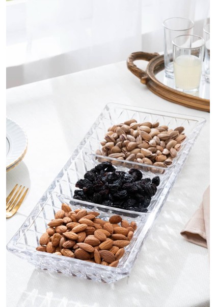 Tekno Trust Beyaz Cam Kafes Model 3 Bölme Sunumluk Dikdörtgen Sunum Tabağı 40 x 18 Avangard 1 Mikrodalgada Kull