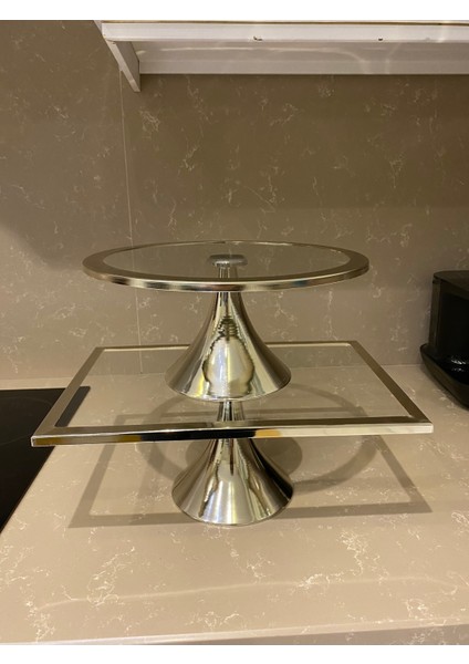 Tekno Trust 30 Gümüş Kek Standi Yuvarlak ve Dikdörtgen Pastalik Seti Bpa Free Modern Cam Yuvarlak Gümüş 1 Ayakl