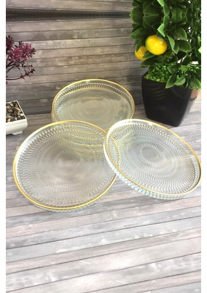 Tekno Trust Cam Altın Yaldızlı Kristal 6'lı Cam Tabak Çerezlik Sunumluk Sunum Tabağı 16CM Bpa Free Pasta Tabağı modelleri