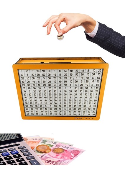 Tekno Trust Hedef Kumbarası 5.000 Hedefli Para Biriktirme Kutusu Turuncu Ahşap Kumbara