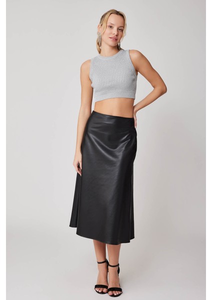 Yanı Fermuarlı Midi Boy Deri Etek fiyatları