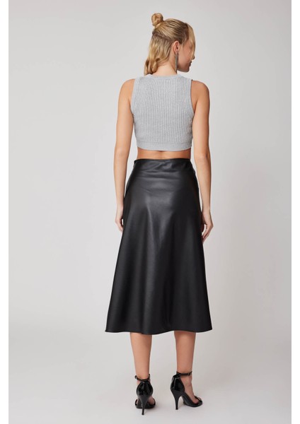 Yanı Fermuarlı Midi Boy Deri Etek indirimleri