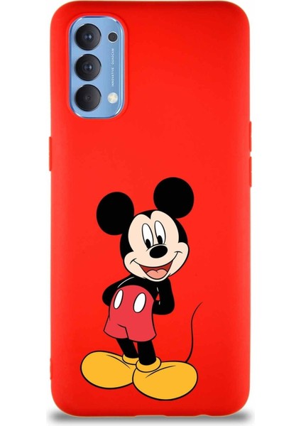 Oppo Reno 4 Soft Premier Kapak Mickey Mouse-B Tasarımlı Silikon Kılıf - Kırmızı