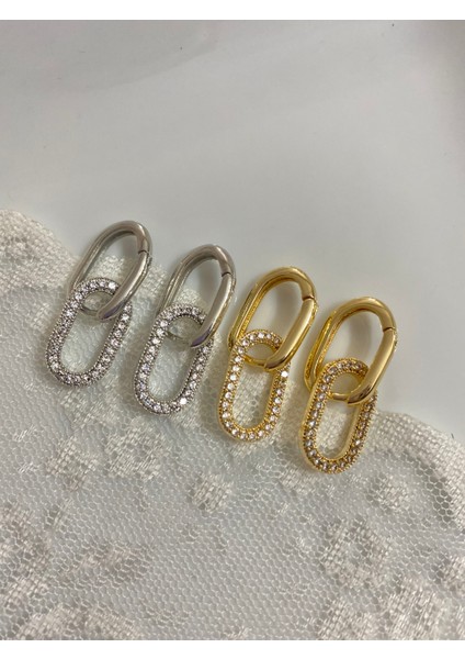 Zirkon Taşlı Oval Gold Küpe Altın Kaplama