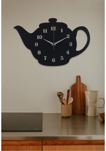 Tekno Trust Siyah Ahşap Demlik Tasarımlı Dekoratif Mutfak Duvar Saati 35 cm - Ahsapdemliksaat Modern Asimetrik