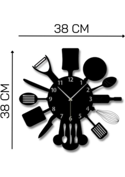 Siyah Siyah Ahşap Mutfak Gereçleri Çatal Bıçak Kaşık Duvar Saati - Mutfak Konsepti Cafe Için Duvar