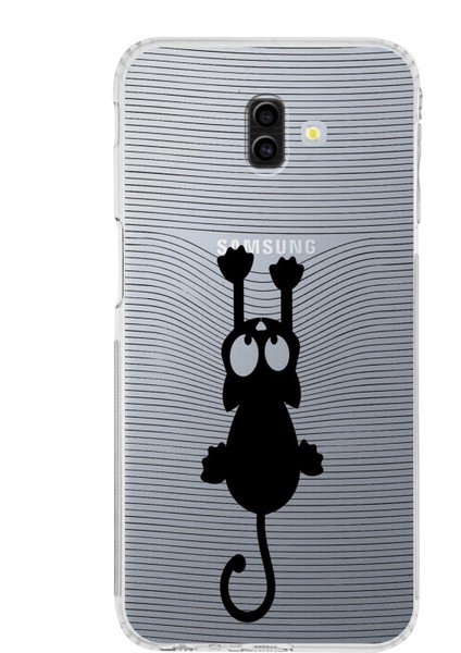 Samsung Galaxy J6 Plus Kamera Korumalı Kapak Çizgi Kedi Tasarımlı Şeffaf Kılıf