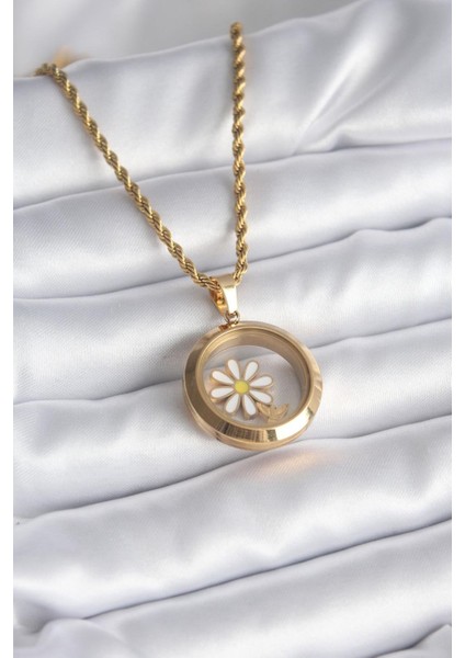 Kadın Kolye, Çelikten Üretilmiş, 45 cm Zincirli, Gold Renk, Açılabilir Fanus Model, Papatya Parçalı