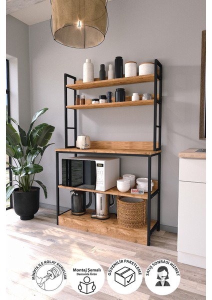 Tekno Trust Kahverengi Mutfak Standı Bazalı 5 Raflı Kahve Köşesi Mutfak Rafı Mutfak Bangosu Çam Modern Metal Mo