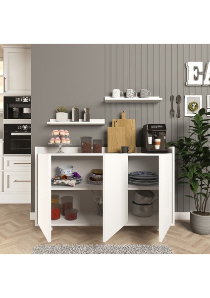 Modern Bono Raflı Kahve Köşesi , Çok Amaçlı Dolap , Konsol , Beyaz Enine Beyaz 80 cm Modern Suntala