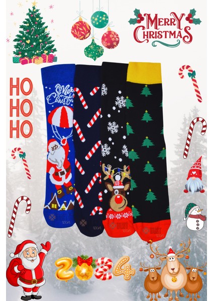 Unisex Yılbaşı Dikişsiz Noel Çorabı,desenli ve Renkli Soket 4’lü Çorap Seti