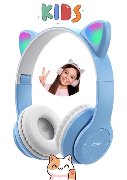 Tekno Trust Yok Kedi Kulağı Bluetooth Kablosuz Kulaklık Rengarenk Işıklı Rgb Mavi Çocuk Oyun Kulaklığı Radyolu