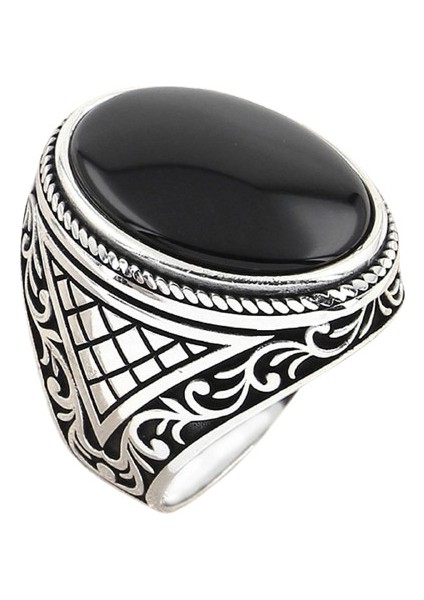 Erkek Yüzük Gümüş 925 Otantik Motifli Oval Taşlı