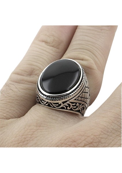 Erkek Yüzük Gümüş 925 Otantik Motifli Oval Taşlı