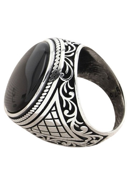 Erkek Yüzük Gümüş 925 Otantik Motifli Oval Taşlı