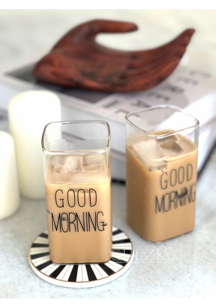 Tekno Trust Turuncu Isıya Dayanıklı Borosilikat Dikdörtgen Bardak Good Mornıng | 2 Adet | 350 ml 2 Parça Cam
