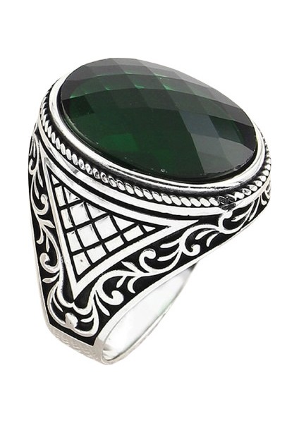 Erkek Yüzük Gümüş 925 Otantik Motifli Oval Taşlı