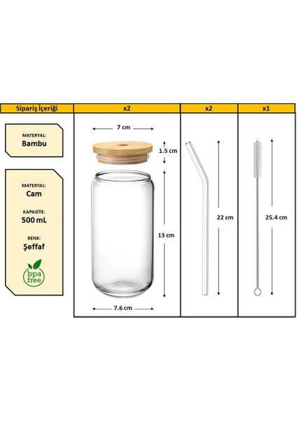 Tekno Trust 7 2'li Isıya Dayanıklı Cam Pipetli, Bambu Kapaklı, Kahve ve Meyve Suyu Bardağı Seti Cam 400 - 499 M