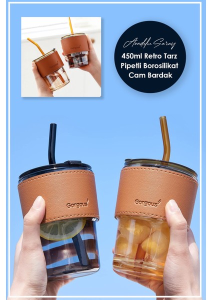 Tekno Trust Meşrubat Bardağı 450ML Isıya Dayanıklı Pipetli Borosilikat Retro Deri Şeritli Bardak | Kahve Sunum