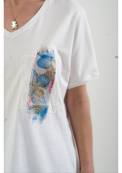 Ekru Renkli Varak Baskılı Tshirt indirimleri