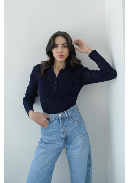 Lacivert Polo Transparan Bluz