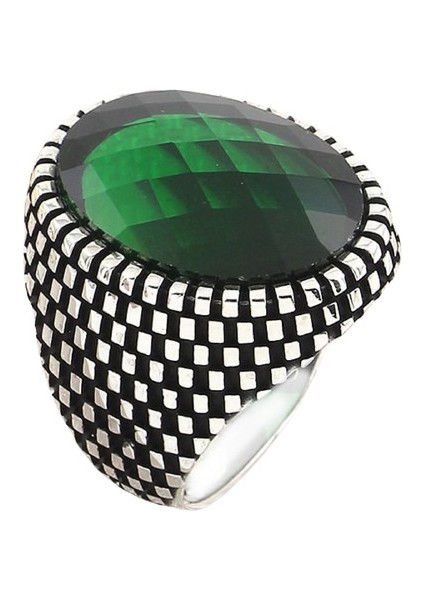 Erkek Yüzük Gümüş 925 Dama Desenli Oval Taşlı