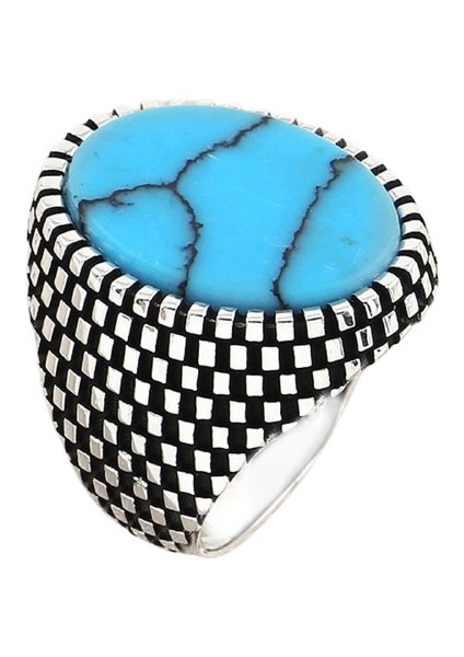 Erkek Yüzük Gümüş 925 Dama Desenli Oval Taşlı