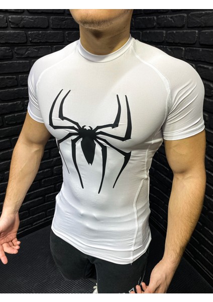 Kısa Kollu Compression T-Shirt Fit Spor Tam Beden Erkek Tişört Beyaz Spiderman