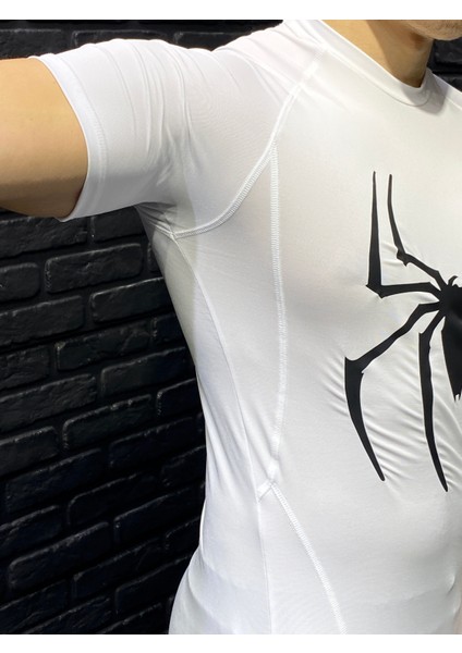 Kısa Kollu Compression T-Shirt Fit Spor Tam Beden Erkek Tişört Beyaz Spiderman modelleri