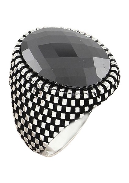 Erkek Yüzük Gümüş 925 Dama Desenli Oval Taşlı