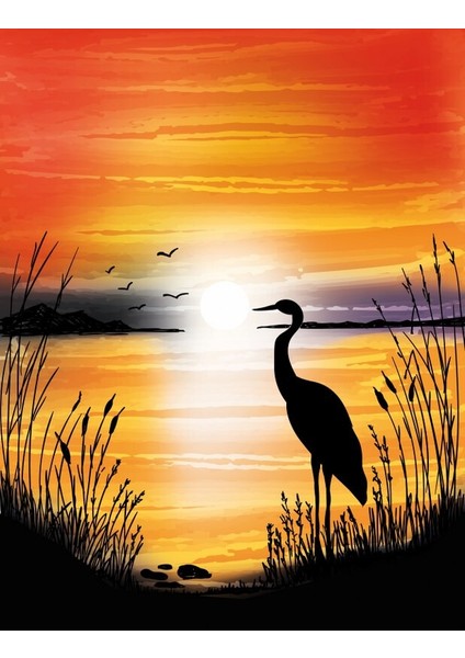 Günbatımında Gölde Balıkçıl | Elmas Mozaik Tablo | Mozaik Puzzle | 50x64 | E2020027