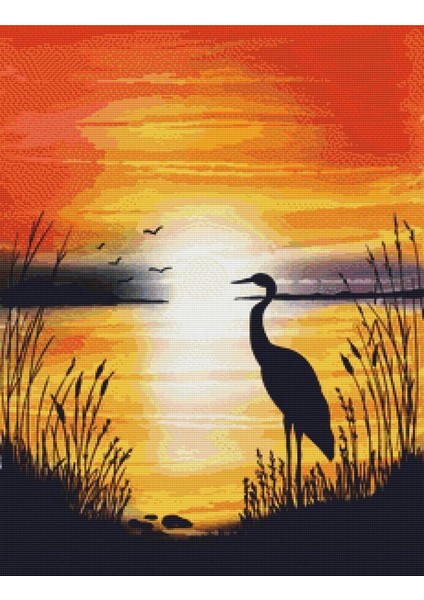 Günbatımında Gölde Balıkçıl | Elmas Mozaik Tablo | Mozaik Puzzle | 50x64 | E2020027