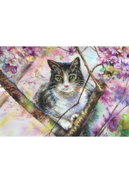 Sakura Ağacında Bir Kedi | Elmas Mozaik Tablo | Mozaik Puzzle | 50x35 | E20201089M