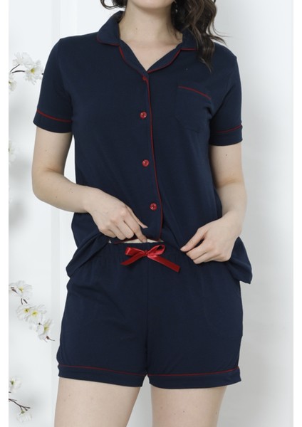 Kadın Şortlu Pijama Takımı Kısa Kollu Düğmeli Cepli Pamuk Lacı-Bordo