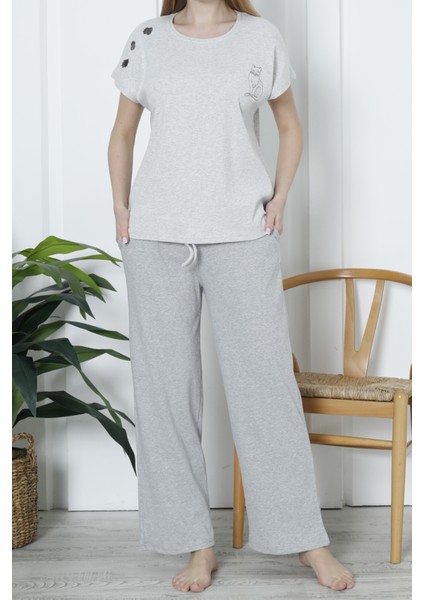 Kadın Pijama Takımı Kısa Kollu Kaşkorse Salaş Cepli Gri