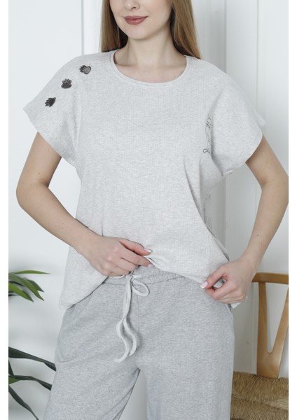 Kadın Pijama Takımı Kısa Kollu Kaşkorse Salaş Cepli Gri modelleri