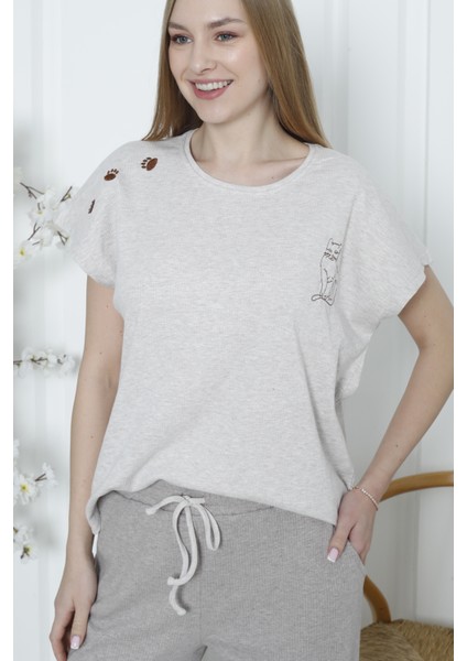 Kadın Pijama Takımı Kısa Kollu Kaşkorse Salaş Cepli Vizon modelleri