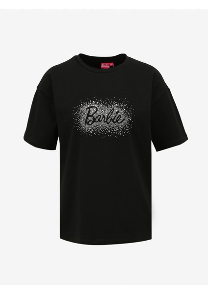 Bisiklet Yaka Baskılı Siyah Kadın T-Shirt BRB4SL-TST6052