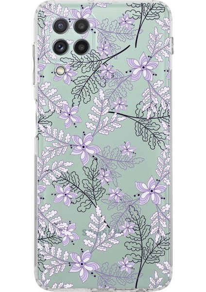 Samsung Galaxy M22 Kamera Korumalı Kapak Floral Lila Tasarımlı Şeffaf Kılıf