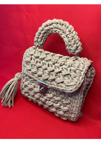 %100 El Yapımı Kadın Örgü Bej El Çantası (Içi Astarlıdır) Sanat Leather Özel Üretim Çanta