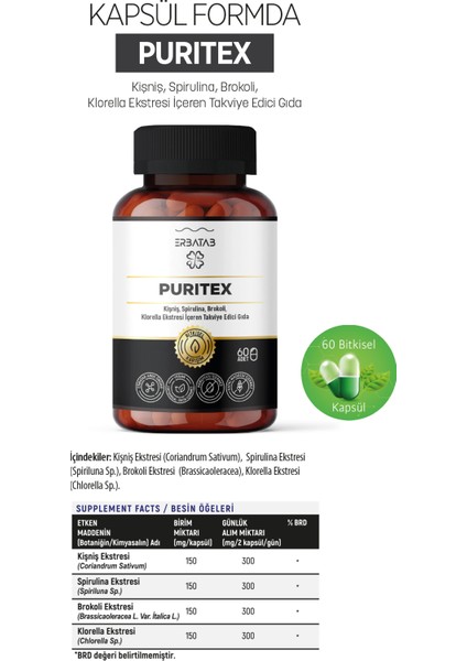 Puritex (Kişniş - Spirulina - Brokoli - Klorella) 60 Kapsül